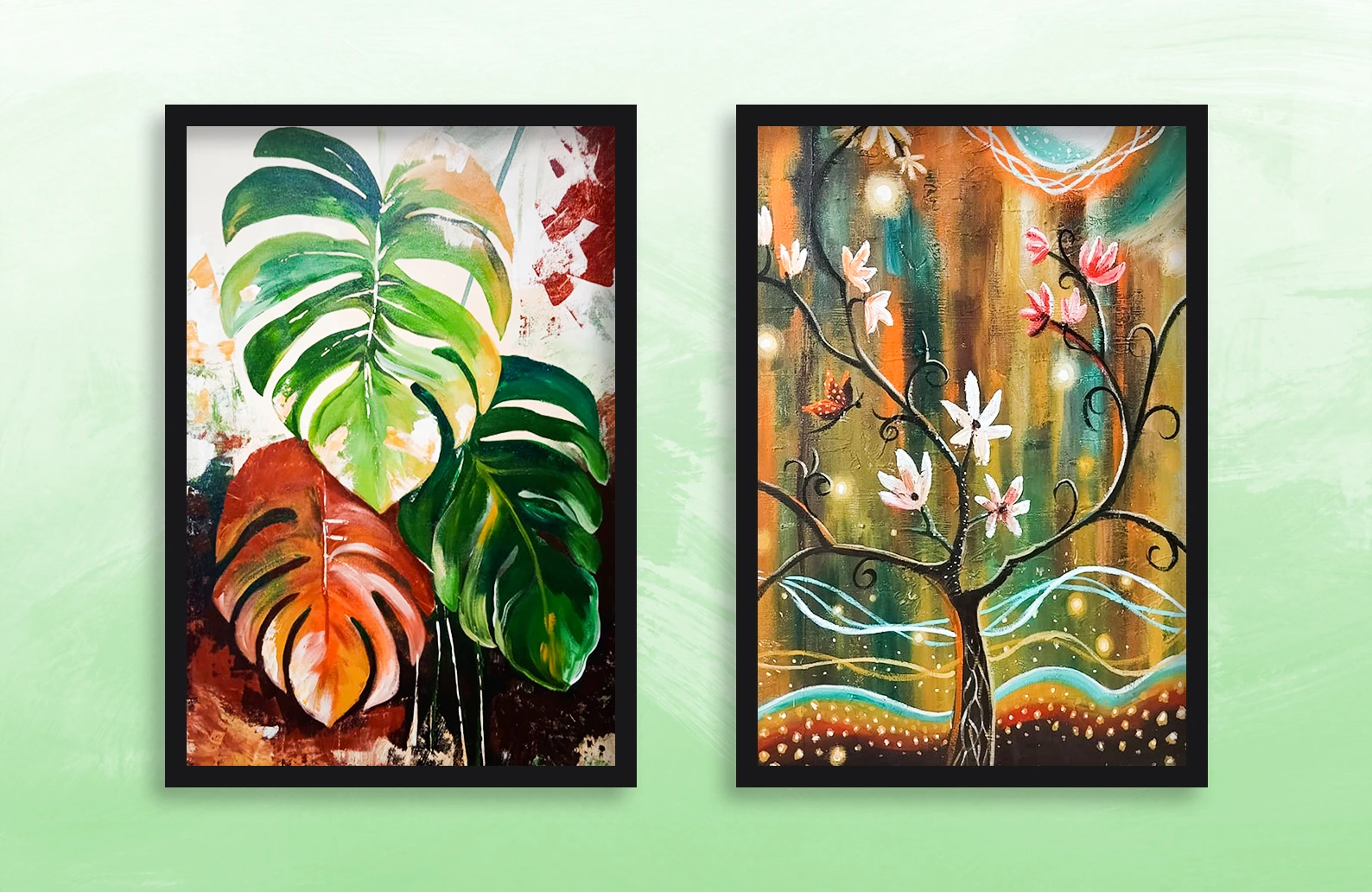 58 framed artworks delivered for the Pune office, inspired by nature and human emotions.