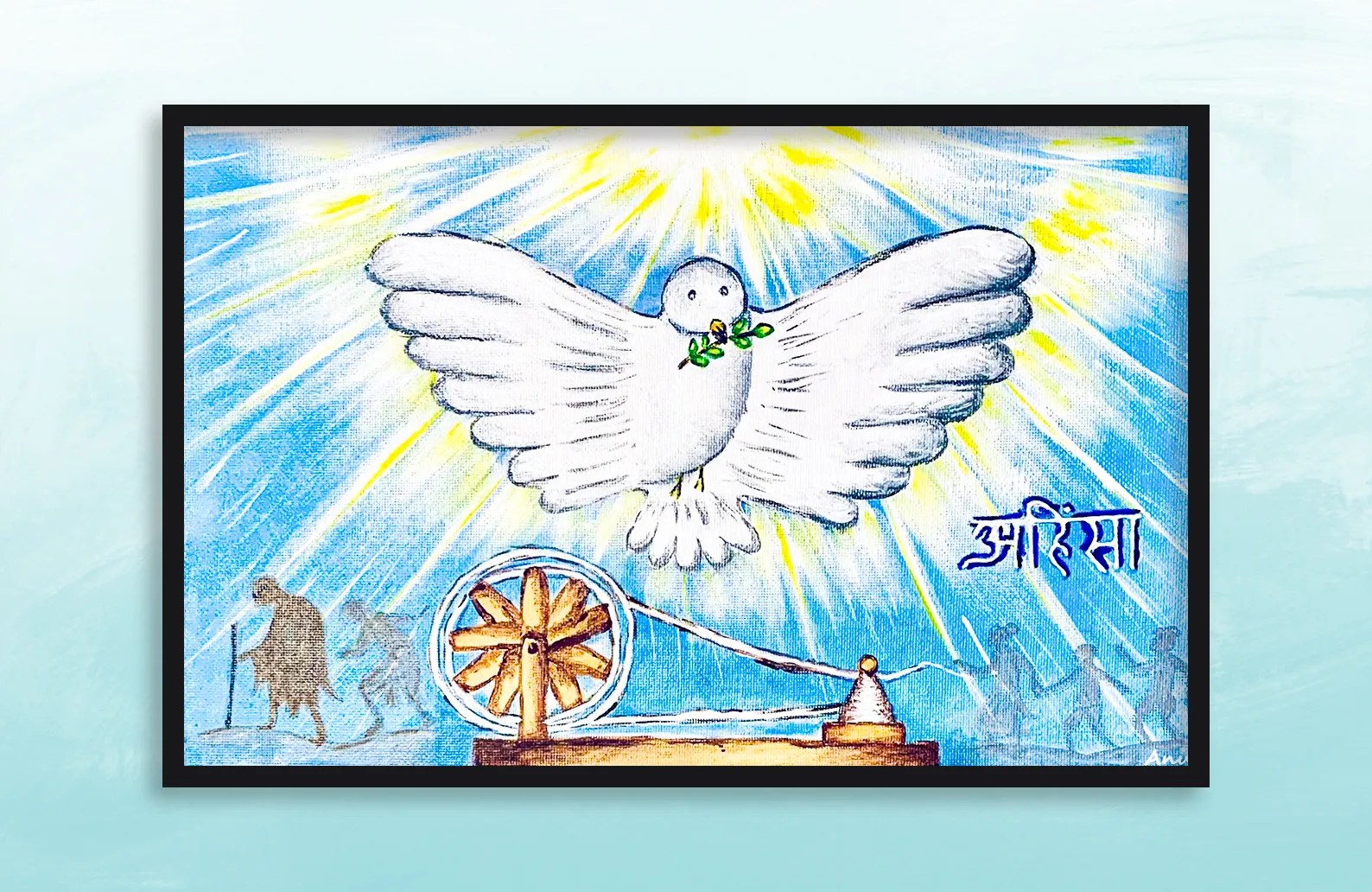 An Ahimsa-themed artwork created for Ms. Rajni Bakshi, author and journalist, inspired by Gandhian values of peace, harmony, and non-violence.