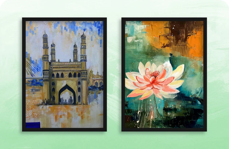4 curated paintings commissioned across the themes of Heritage, Nature, Indian Culture, and Architectural Elegance.