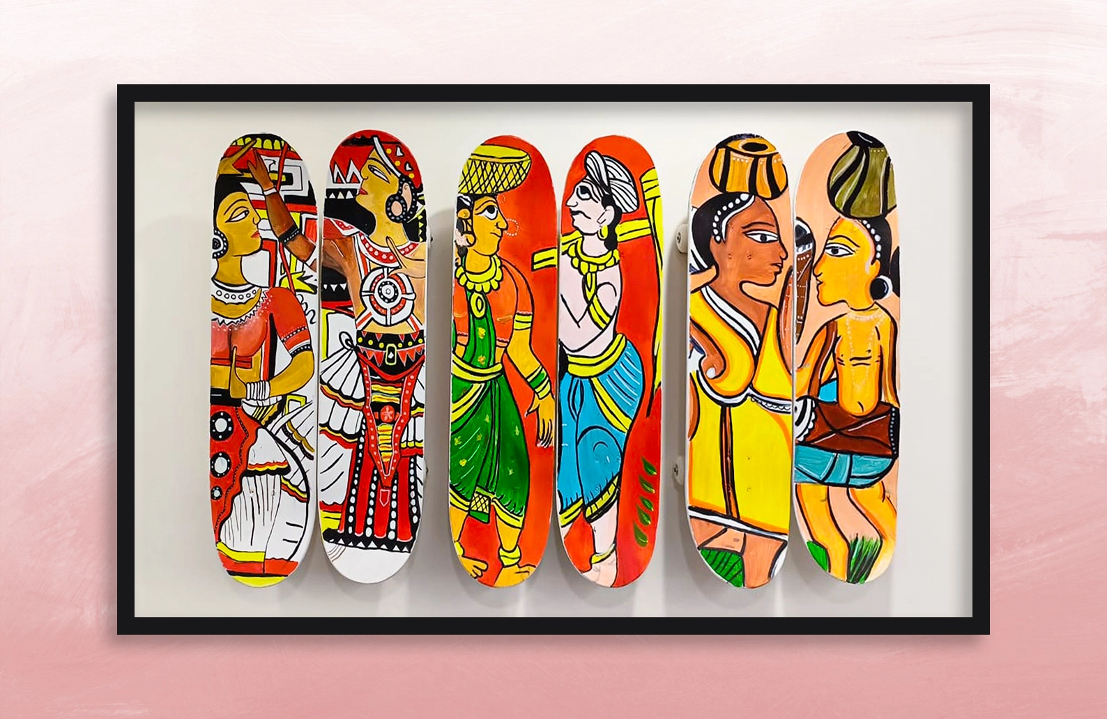 Warli murals, wooden log art, and skateboard canvases designed for the Gurgaon office.