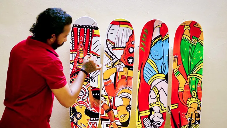 Patta Chitra skateboard artworks created for Nestlé, blending traditional craft with contemporary art.