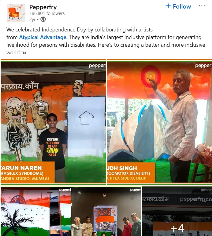 Pepperfry on LinkedIn: celebrating Independence Day by collaborating with artists from Atypical Advantage, India's largest inclusive platform for generating livelihood for persons with disabilities.