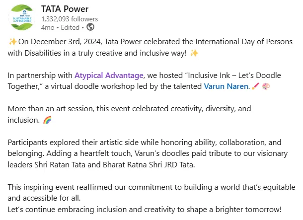 Tata Power on LinkedIn: marking the International Day of Persons with Disabilities with Inclusive Ink - Let's Doodle Together, a virtual doodle workshop hosted with Atypical Advantage and led by artist Varun Naren.