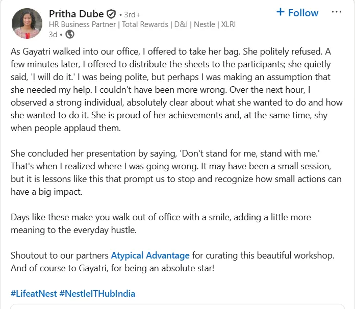 Pritha Dube, HR Business Partner at Nestle, on LinkedIn: reflecting on artist Gayatri's workshop and her words, Don't stand for me, stand with me, with thanks to Atypical Advantage for curating the session.