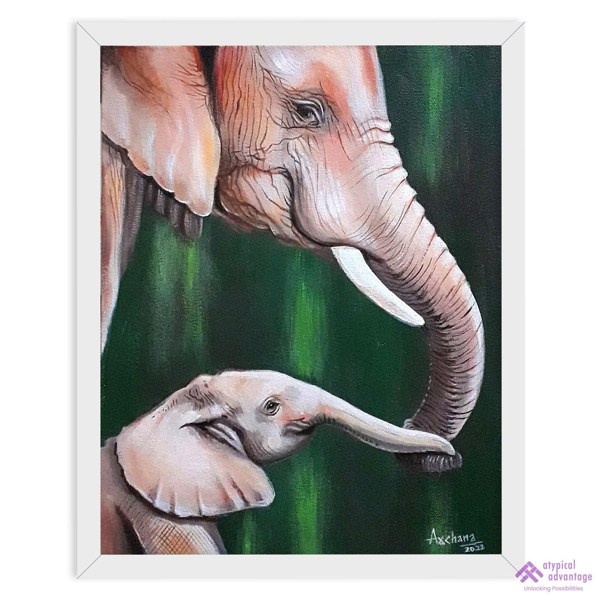 Buy Mother & Baby Elephant Acrylic Painting | Artwork by a Person