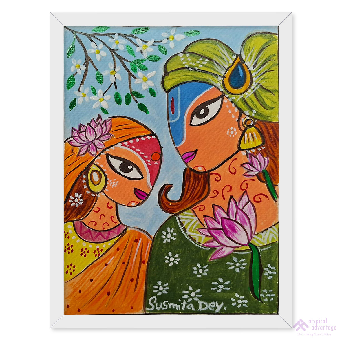 Krishna and Radha with lotus painting. Slider 1/5
