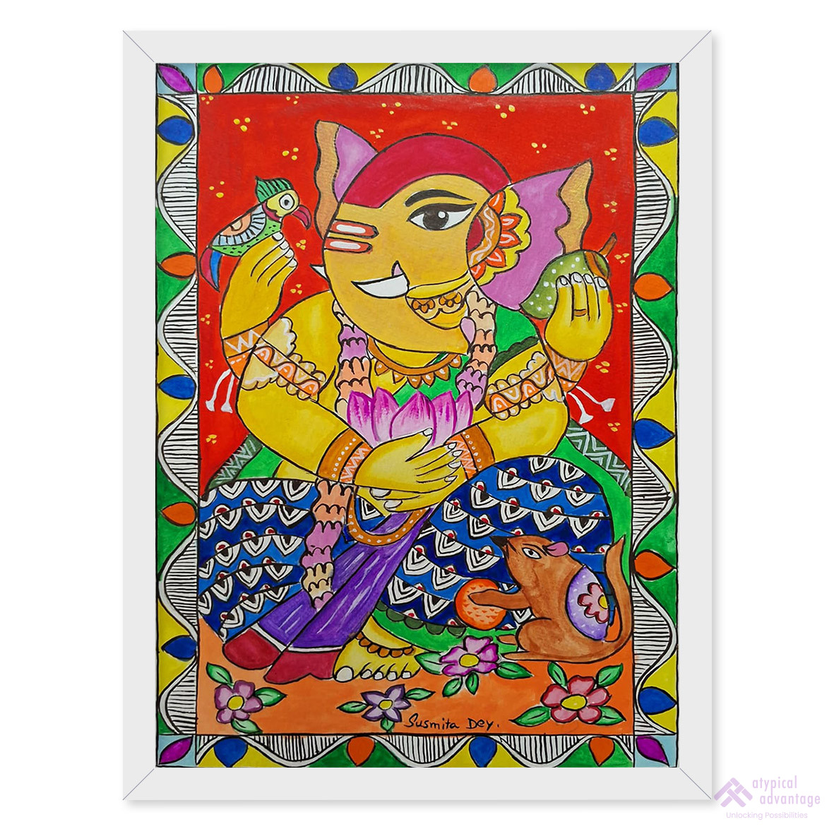 Lord Ganesh and lotus with Madhubani art. Slider 1/5