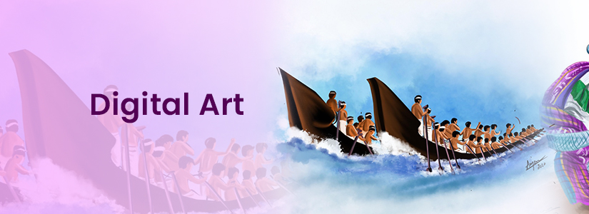 The background of the banner is purple and blue. It has the image of a boat race with multiple people on two boats. The text reads, "Digital Art".