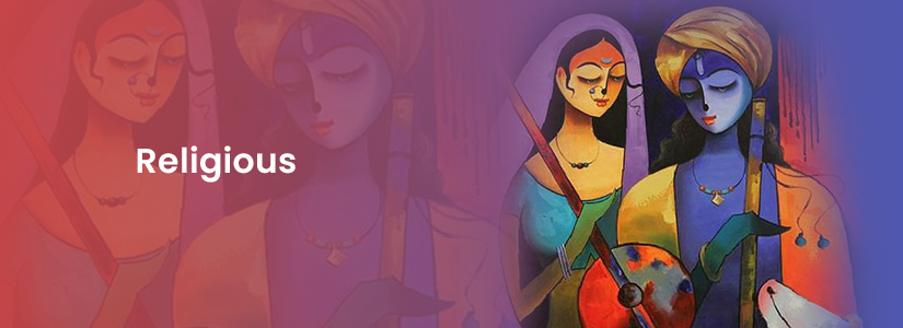 The background of the banner is red and blue. It has the image of Radha and Lord Krishna. The text reads, "Religious".