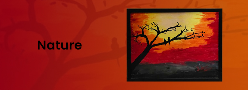 The background of the banner is red and orange. It has the image of a sunset and a tree. The text reads, "Nature".