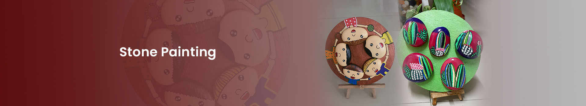 The background of the banner is brown and white. It has the images of stone paintings of children and cactus on it. The text reads, "Stone Painting".