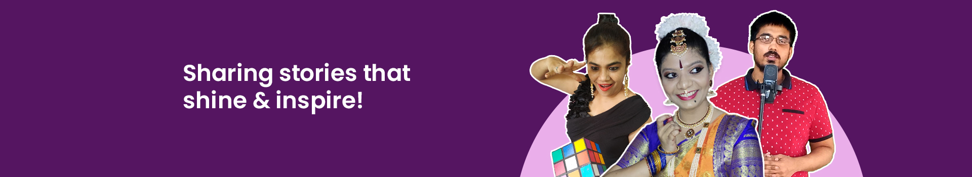 The background of the banner is purple. It has the image three artists with disabilities. The text reads: Sharing stories that shine and inspire!