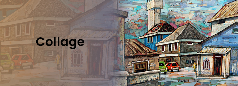 The background of the banner is brown. It has the image of a town on a busy day. The text reads, "Collage".
