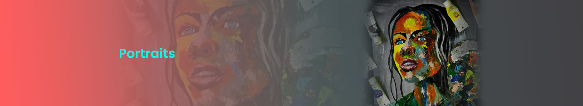 The background of the banner is red and black. It has the image of a woman. The text reads, "Portraits".