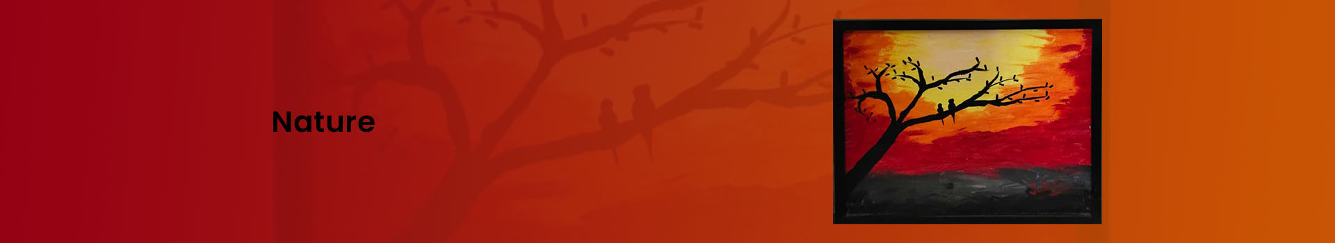 The background of the banner is red and orange. It has the image of a sunset and a tree. The text reads, "Nature".
