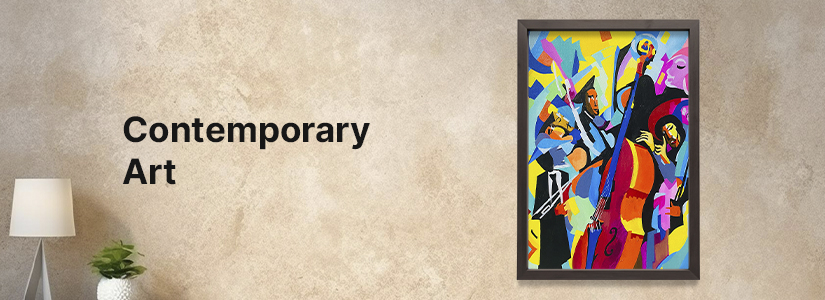 A banner with a pink and blue weaving pattern background, featuring the bold text "Abstract Art."