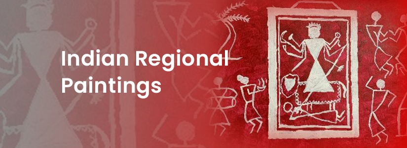 The background of the banner is red and white. It has the image of a Warli Painting. The text reads, "Indian Regional Paintings".