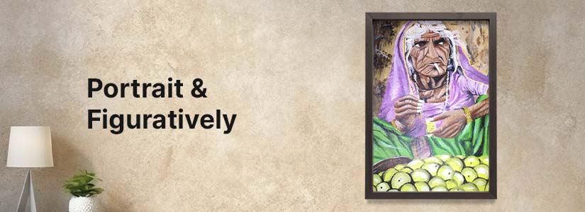 “Portrait & Figuratively” banner featuring a colorful painting of an elderly woman selling green fruit.