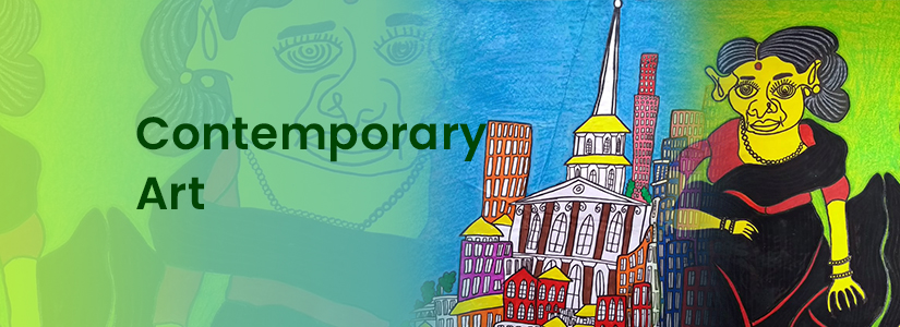 The background of the banner is green and blue. It has the image of a set of buildings and a woman. The text reads, "Contemporary Art".