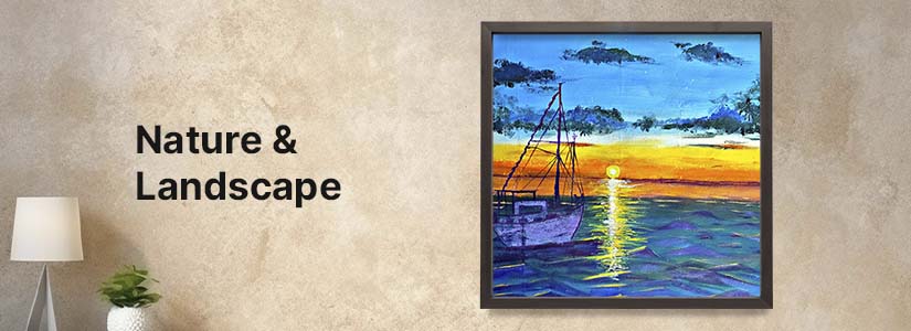 “Nature & Landscape” banner featuring a colourful landscape painting of a boat on the water at sunset.