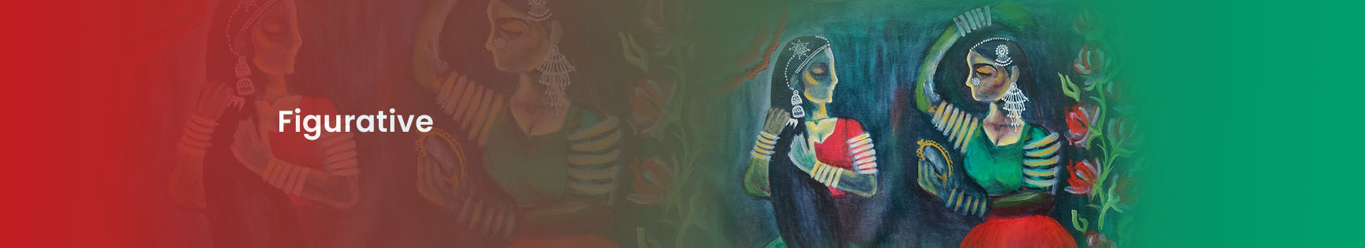 The background of the banner is red and green. It has the image of traditional women grooming themselves. The text reads, "Figurative".