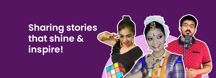 The background of the banner is purple. It has the image three artists with disabilities. The text reads: Sharing stories that shine and inspire!