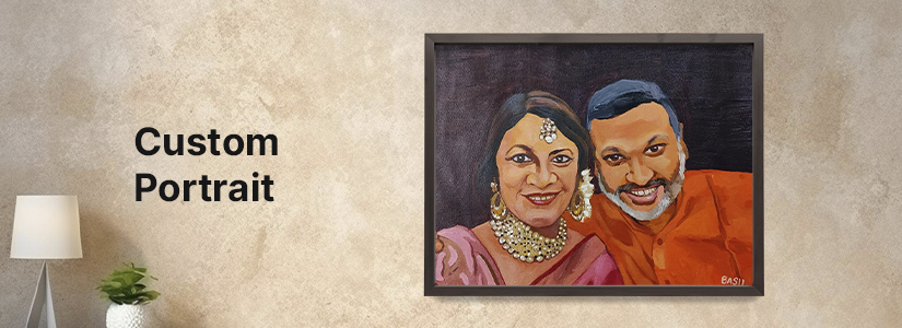 “Custom Portrait” banner featuring a colorful painting of a smiling couple in traditional attire.