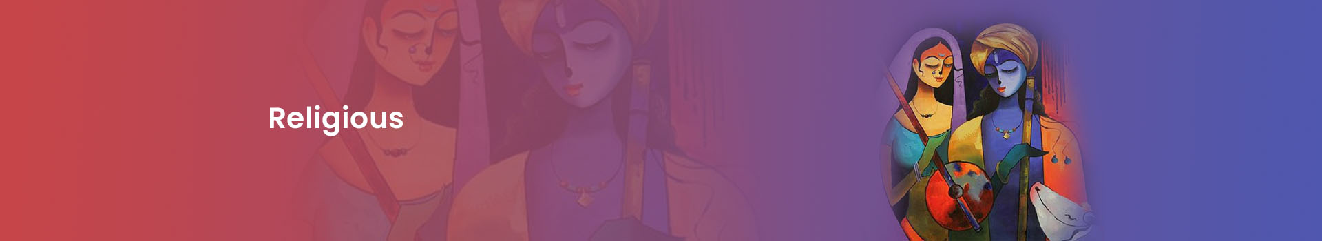 The background of the banner is red and blue. It has the image of Radha and Lord Krishna. The text reads, "Religious".