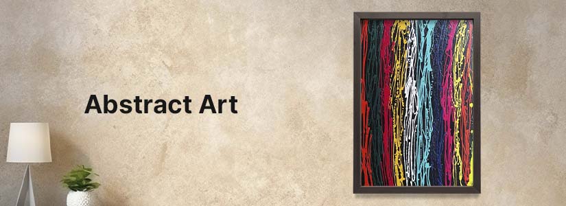 The background of the banner is pink and blue. It has the image of a weaving pattern. The text reads, "Abstract Art".