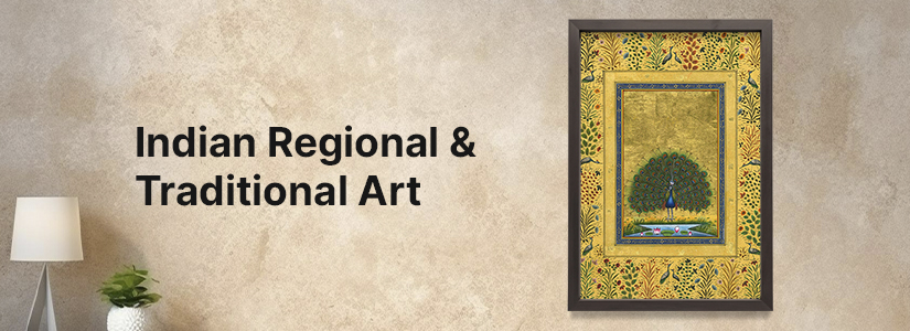 “Indian Regional & Traditional Art” banner featuring a traditional painting of a peacock with open feathers against a gold background.