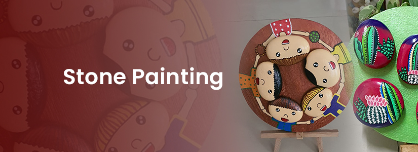 The background of the banner is brown and white. It has the images of stone paintings of children and cactus on it. The text reads, "Stone Painting".