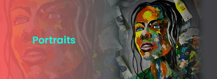 The background of the banner is red and black. It has the image of a woman. The text reads, "Portraits".