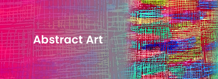 The background of the banner is pink and blue. It has the image of a weaving pattern. The text reads, "Abstract Art".