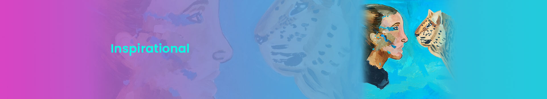 The background of the banner is pink and blue. It has the image of a woman with a tiger facing her. The text reads, "Inspirational".