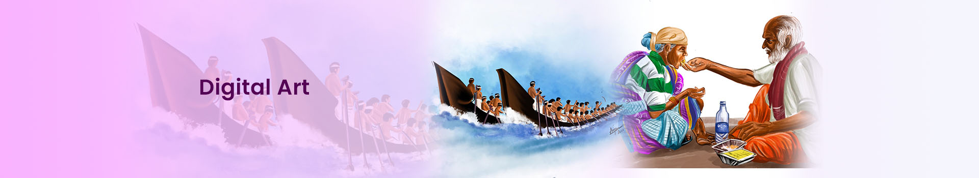 The background of the banner is purple and blue. It has the image of a boat race with multiple people on two boats. The text reads, "Digital Art".