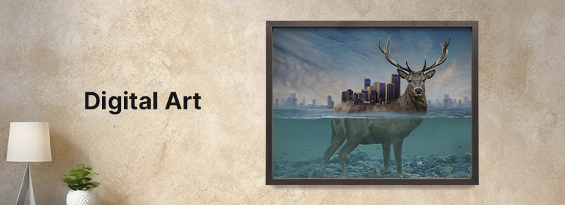 “Digital Art” banner featuring a colorful digital painting of a large deer standing in water with a city skyline on its back.