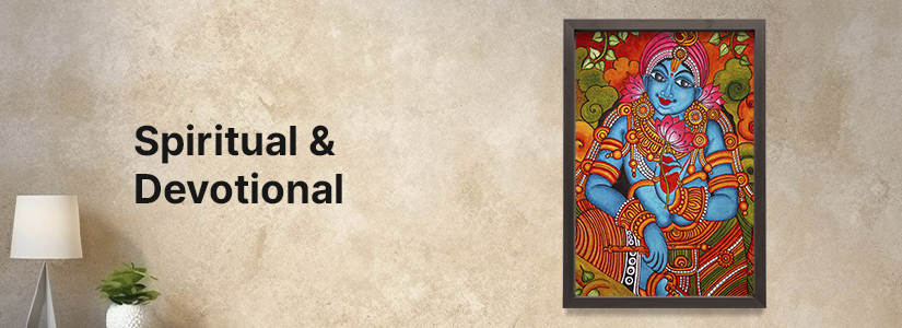 The background of the banner is red and blue. It has the image of Radha and Lord Krishna. The text reads, "Religious".