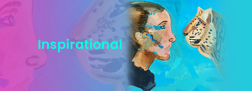 The background of the banner is pink and blue. It has the image of a woman with a tiger facing her. The text reads, "Inspirational".