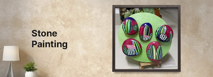“Stone Painting” banner featuring a colorful arrangement of painted cactus stones on a green circular base.