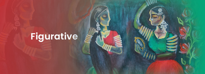 The background of the banner is red and green. It has the image of traditional women grooming themselves. The text reads, "Figurative".