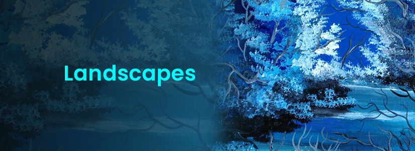 The background of the banner is blue. It has the image of a forest on a winter night. The text reads, "Landscapes".