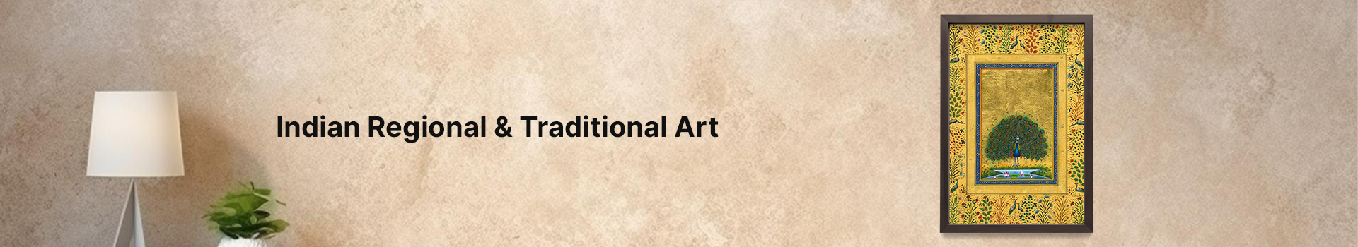“Indian Regional & Traditional Art” banner featuring a traditional painting of a peacock with open feathers against a gold background.