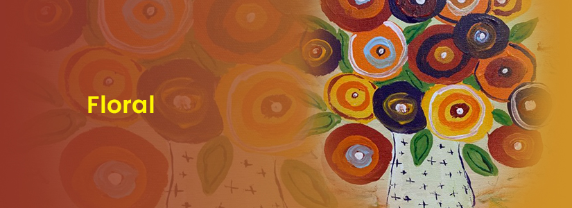 The background of the banner is brown. It has the image of a vase with flowers in it. The text reads, "Floral".